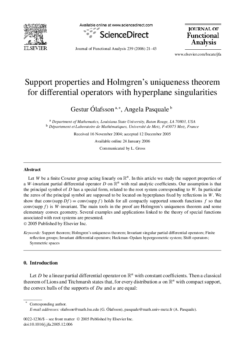 Support properties and Holmgren's uniqueness theorem for differential operators with hyperplane singularities