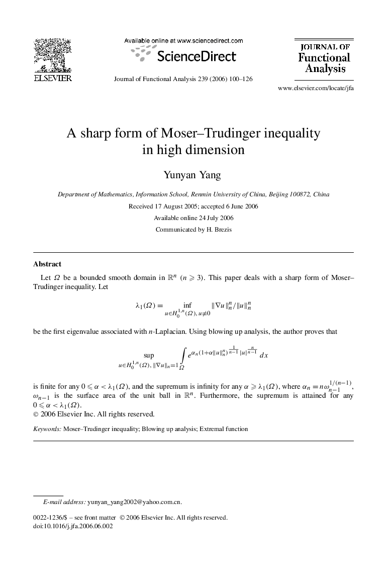 A sharp form of Moser–Trudinger inequality in high dimension