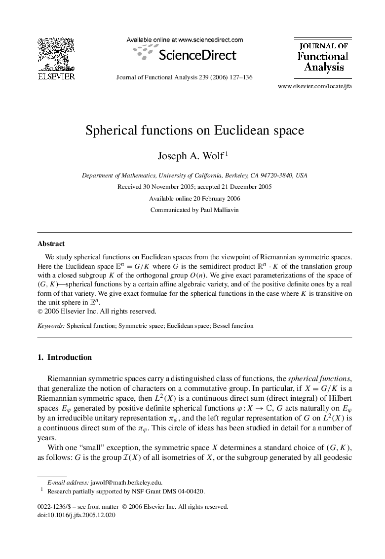 Spherical functions on Euclidean space