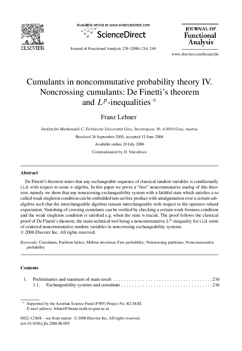 Cumulants in noncommutative probability theory IV. Noncrossing cumulants: De Finetti's theorem and Lp-inequalities 