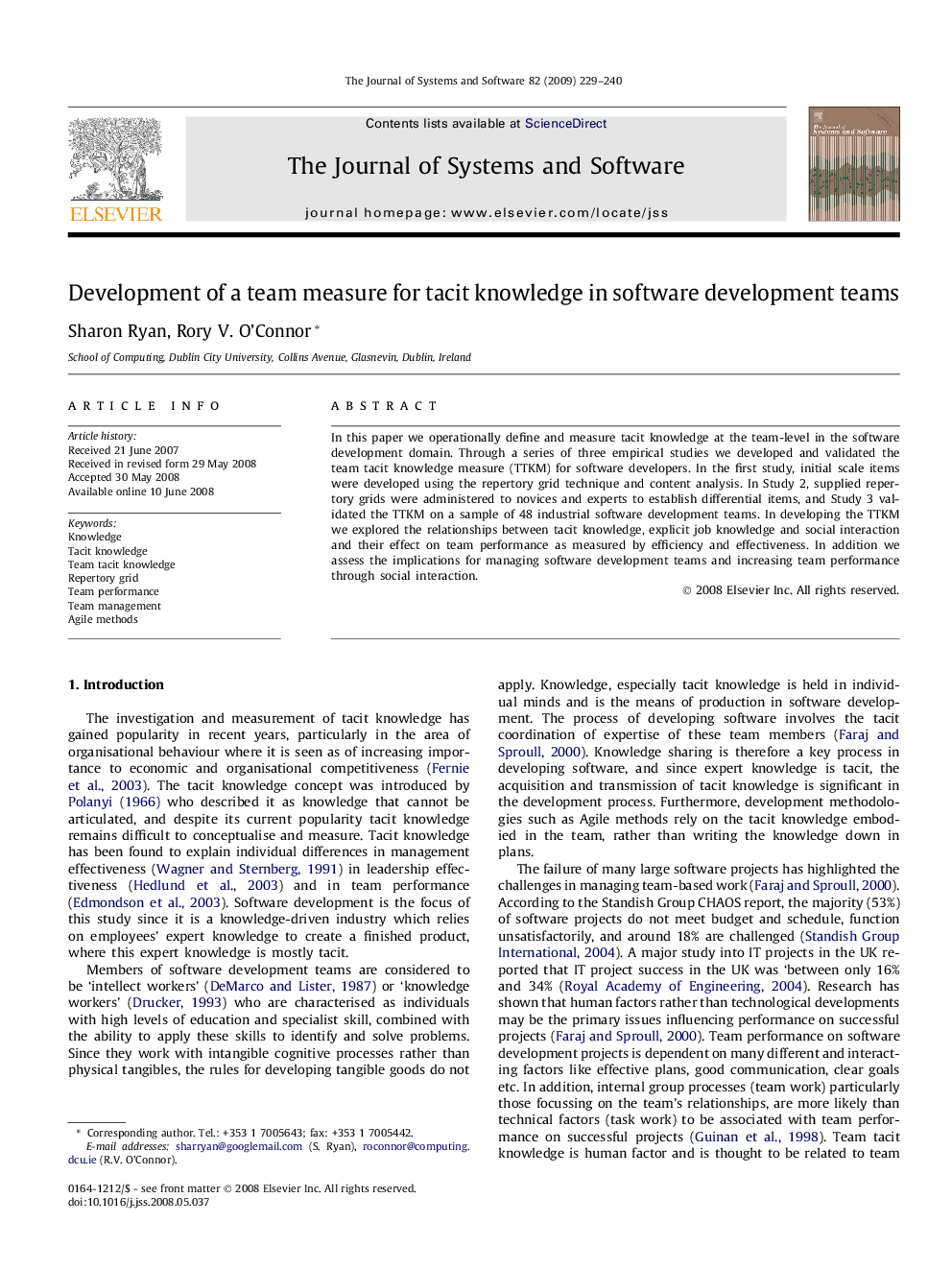 Development of a team measure for tacit knowledge in software development teams