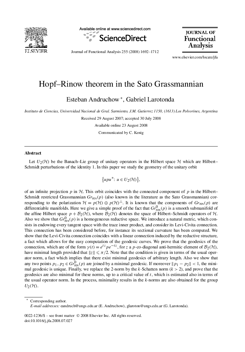 Hopf–Rinow theorem in the Sato Grassmannian