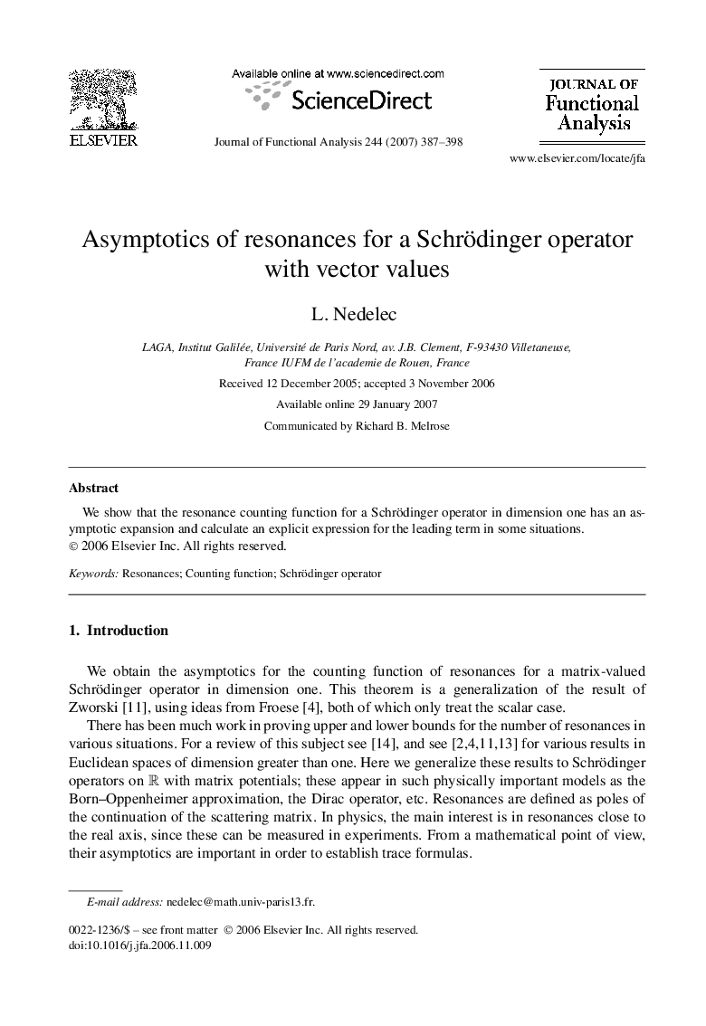 Asymptotics of resonances for a Schrödinger operator with vector values