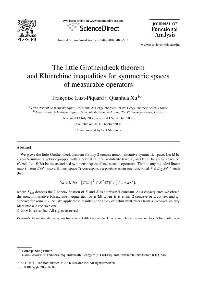 The little Grothendieck theorem and Khintchine inequalities for symmetric spaces of measurable operators