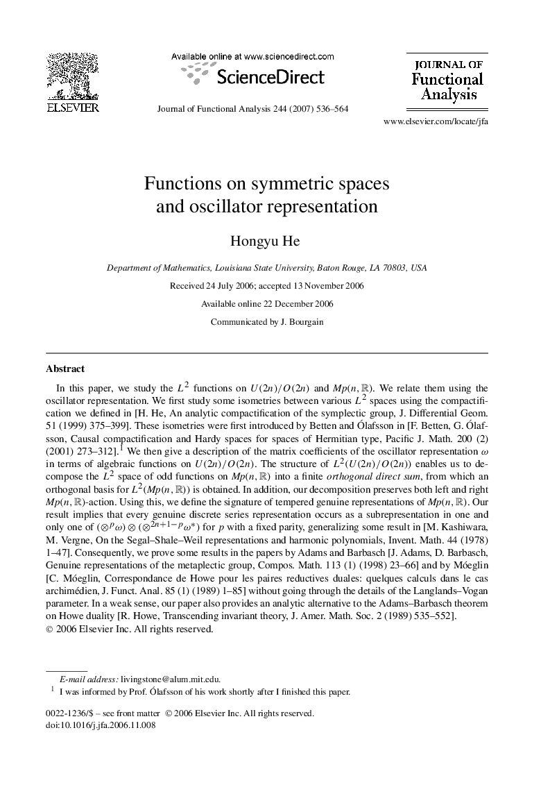 Functions on symmetric spaces and oscillator representation