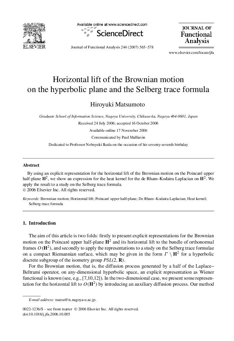 Horizontal lift of the Brownian motion on the hyperbolic plane and the Selberg trace formula