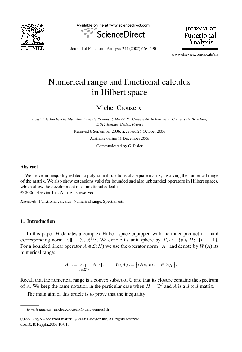 Numerical range and functional calculus in Hilbert space