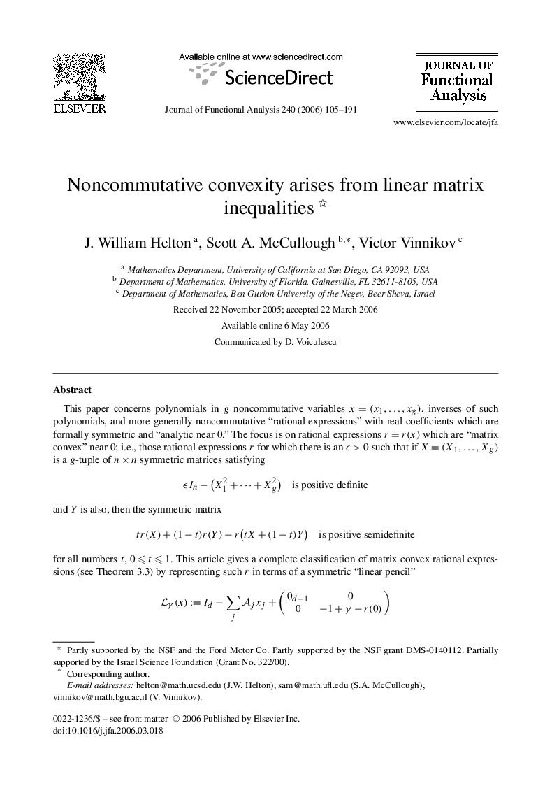 Noncommutative convexity arises from linear matrix inequalities 