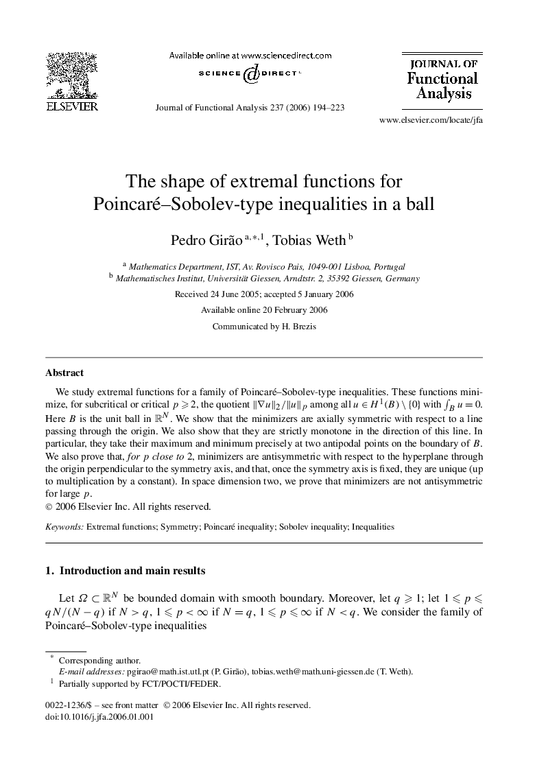 The shape of extremal functions for Poincaré–Sobolev-type inequalities in a ball