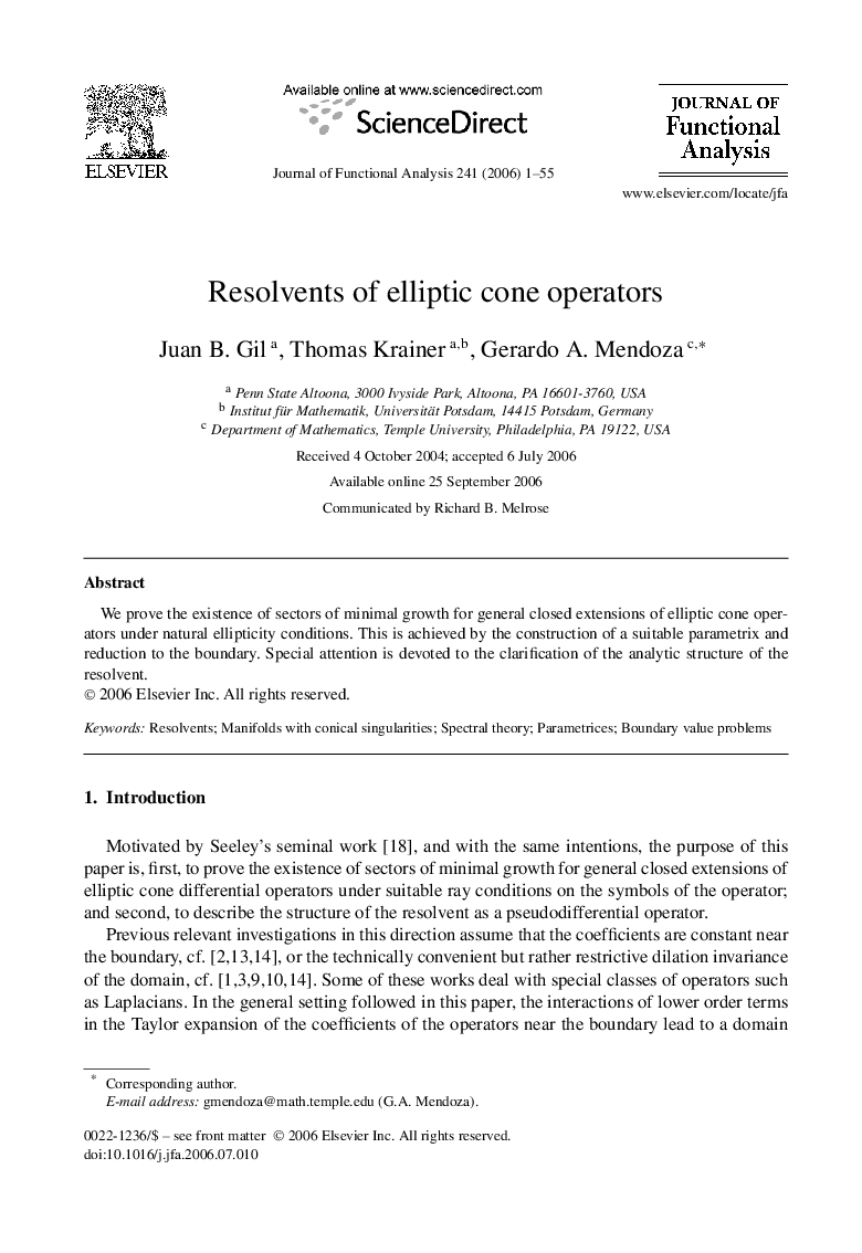 Resolvents of elliptic cone operators