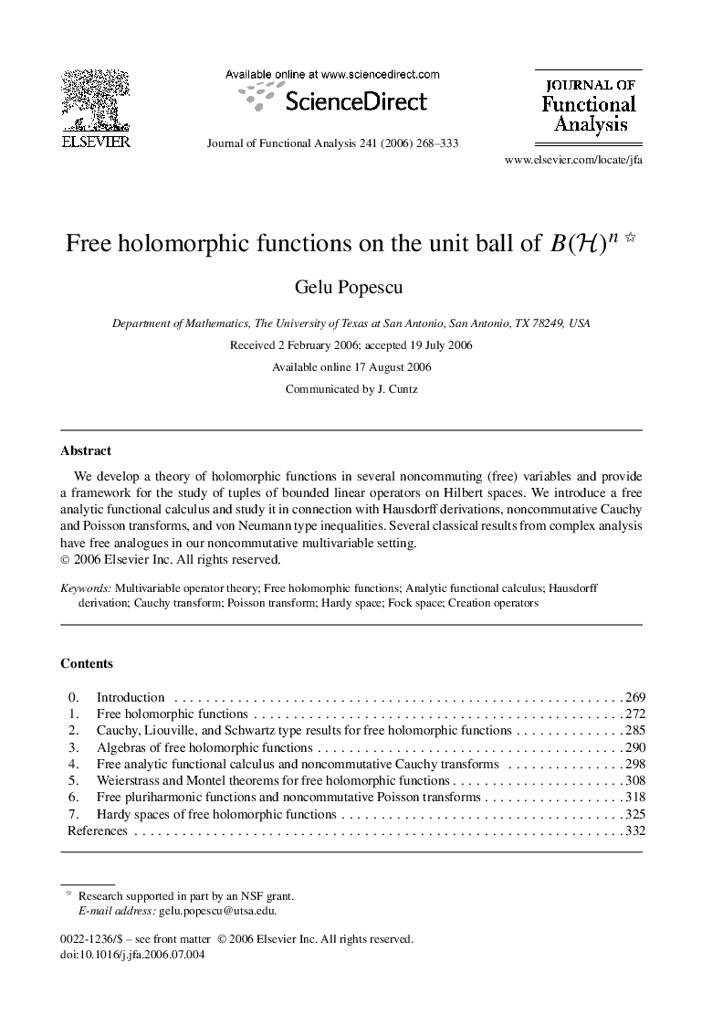 Free holomorphic functions on the unit ball of Bn(H) 