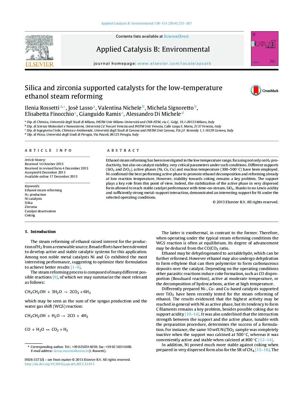 Silica and zirconia supported catalysts for the low-temperature ethanol steam reforming