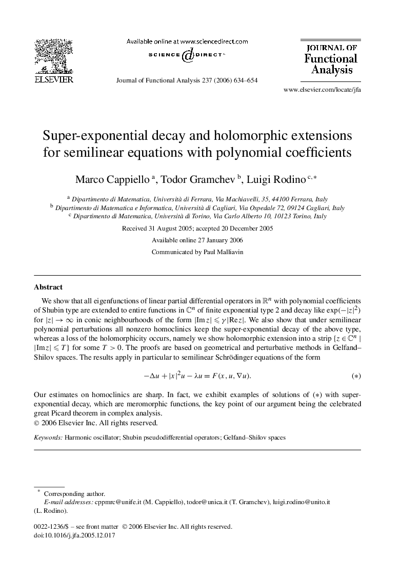 Super-exponential decay and holomorphic extensions for semilinear equations with polynomial coefficients