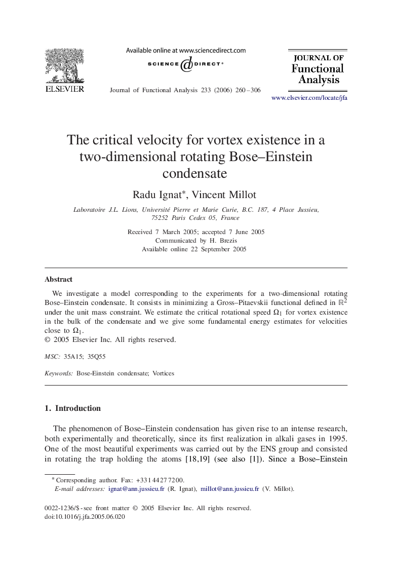 The critical velocity for vortex existence in a two-dimensional rotating Bose–Einstein condensate