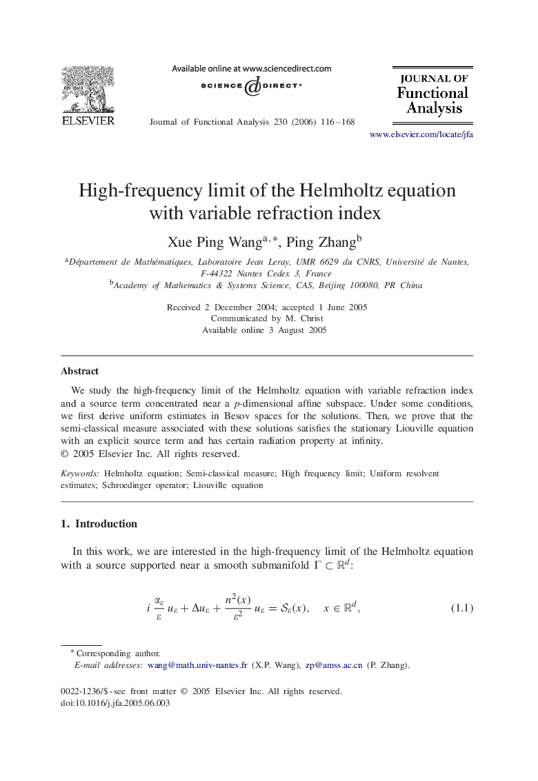 High-frequency limit of the Helmholtz equation with variable refraction index