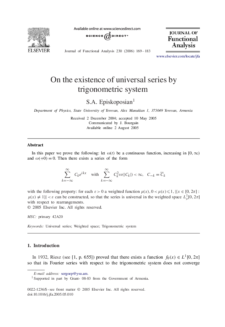 On the existence of universal series by trigonometric system