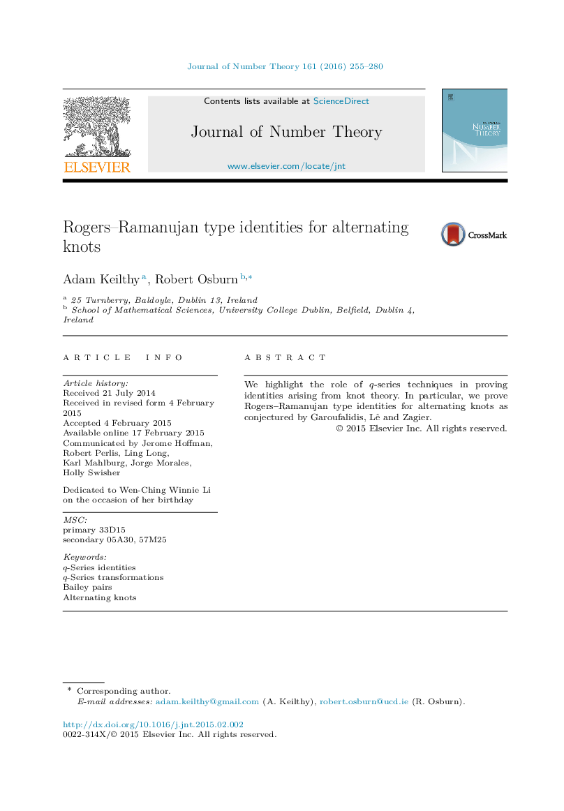 Rogers–Ramanujan type identities for alternating knots