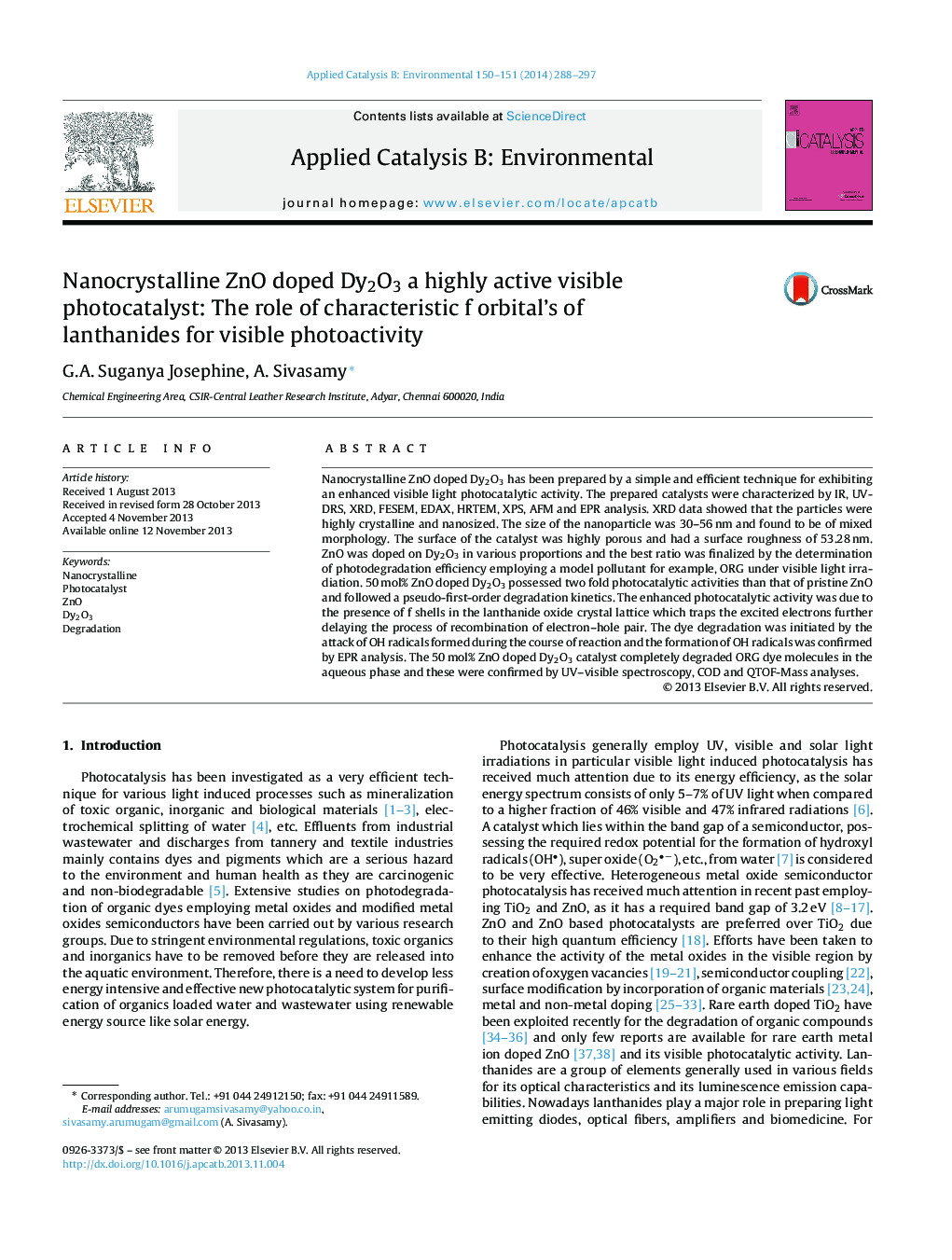 Nanocrystalline ZnO doped Dy2O3 a highly active visible photocatalyst: The role of characteristic f orbital's of lanthanides for visible photoactivity