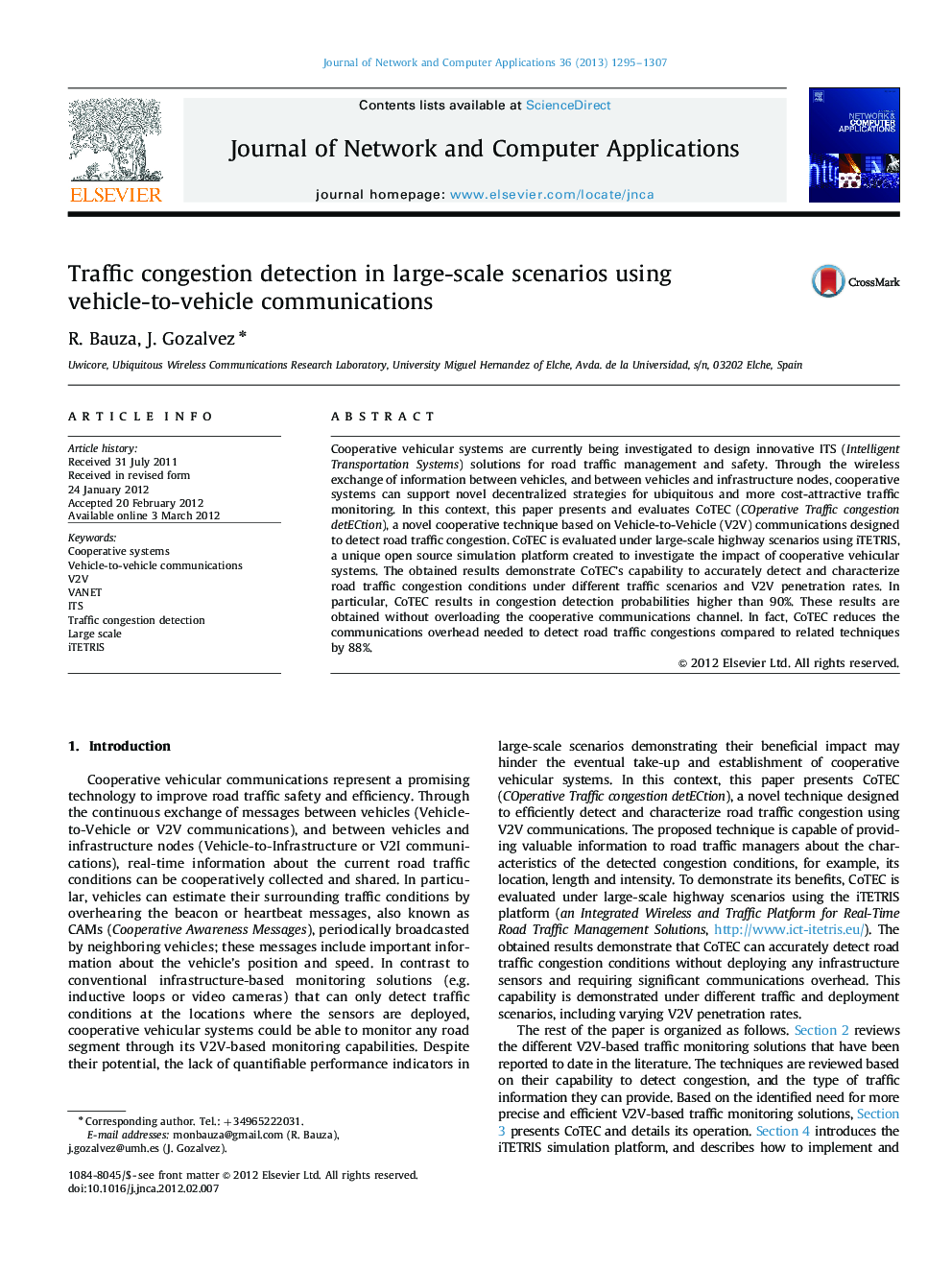 Traffic congestion detection in large-scale scenarios using vehicle-to-vehicle communications