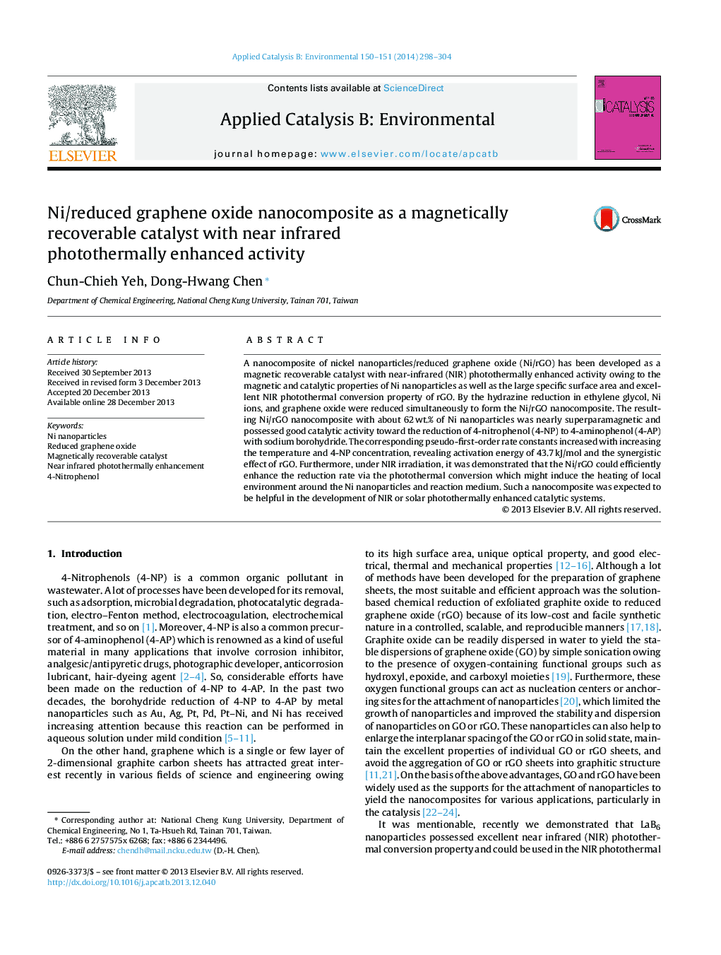 Ni/reduced graphene oxide nanocomposite as a magnetically recoverable catalyst with near infrared photothermally enhanced activity