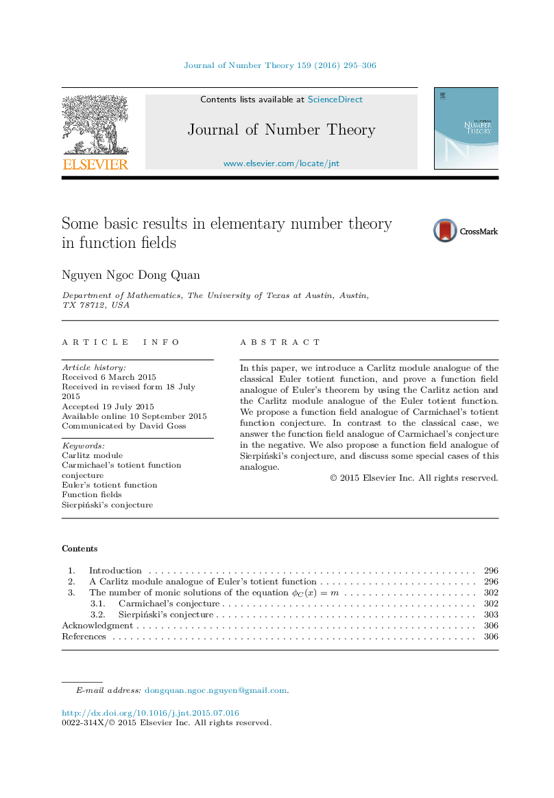 Some basic results in elementary number theory in function fields