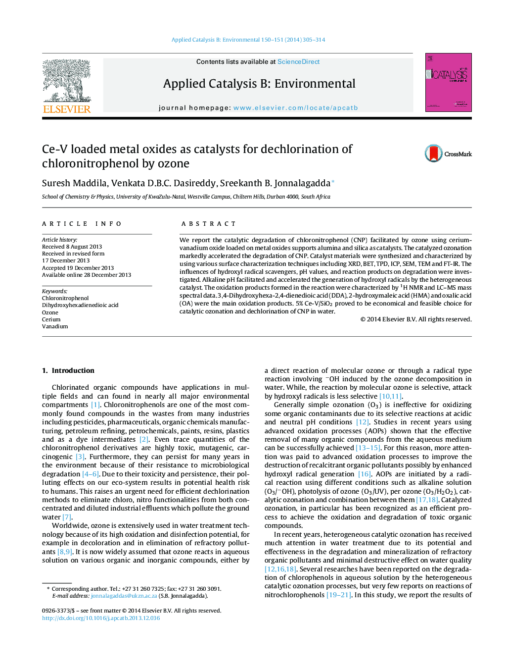 Ce-V loaded metal oxides as catalysts for dechlorination of chloronitrophenol by ozone