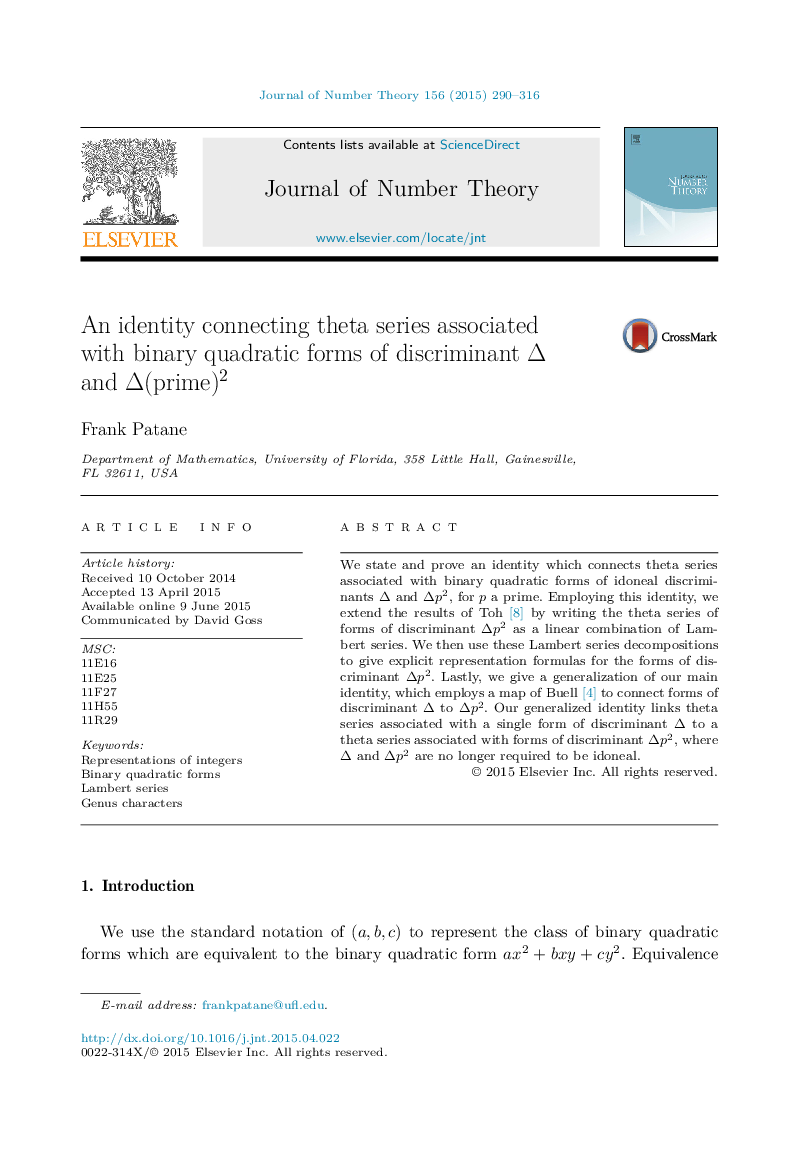 An identity connecting theta series associated with binary quadratic forms of discriminant Δ and Δ(prime)2Δ(prime)2