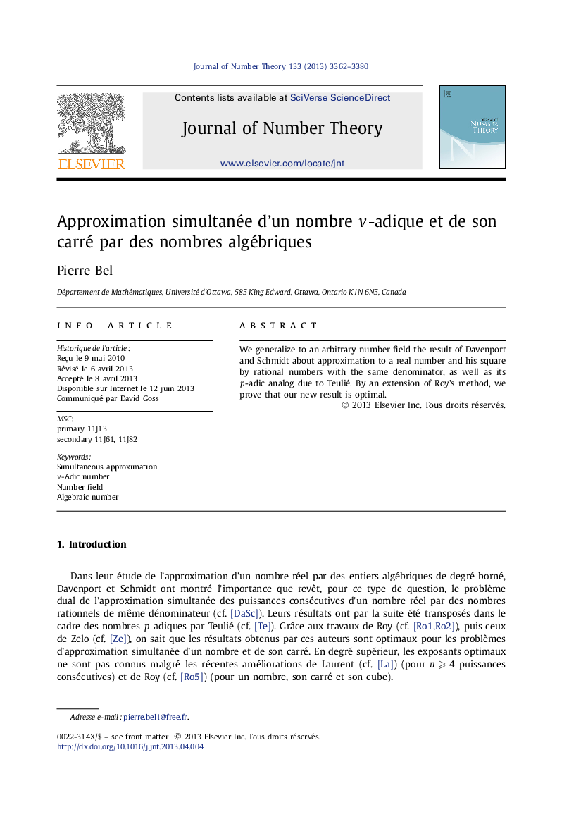 Approximation simultanée dÊ¼un nombre v-adique et de son carré par des nombres algébriques