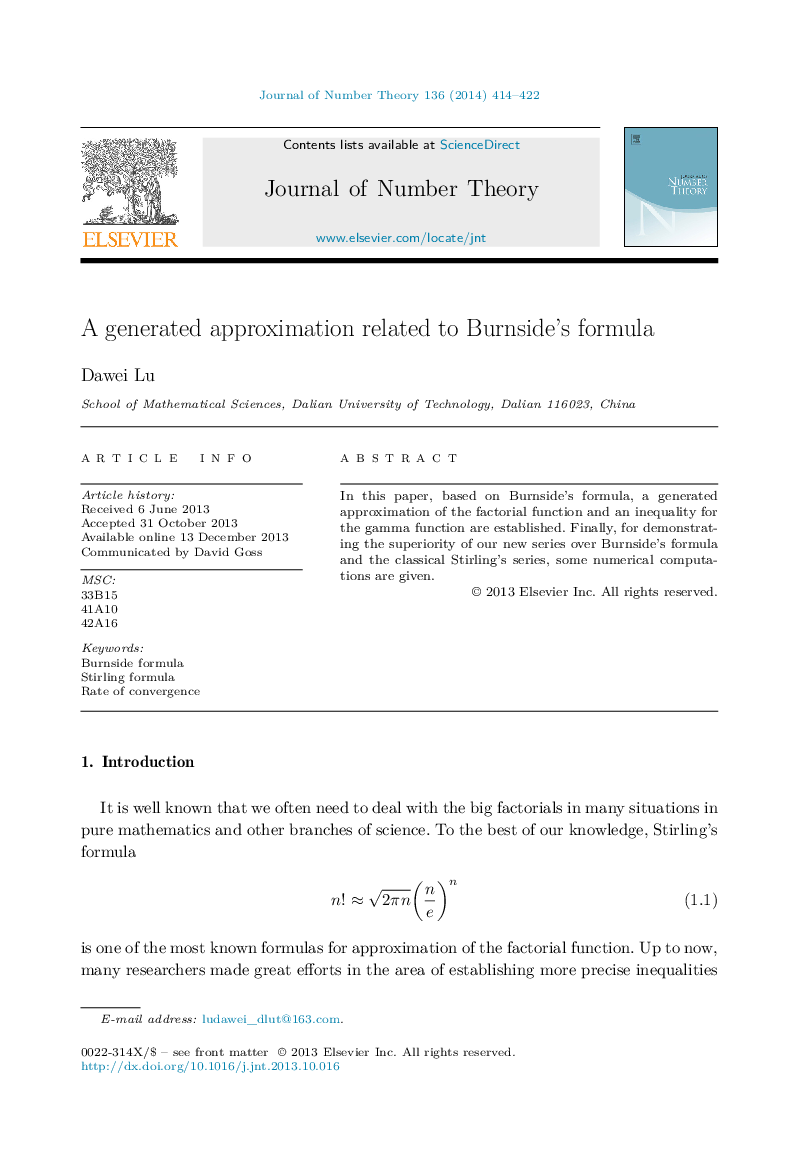 عکس صفحه اول مقاله: A generated approximation related to Burnsideʼs formula A generated approximation related to Burnsideʼs formula