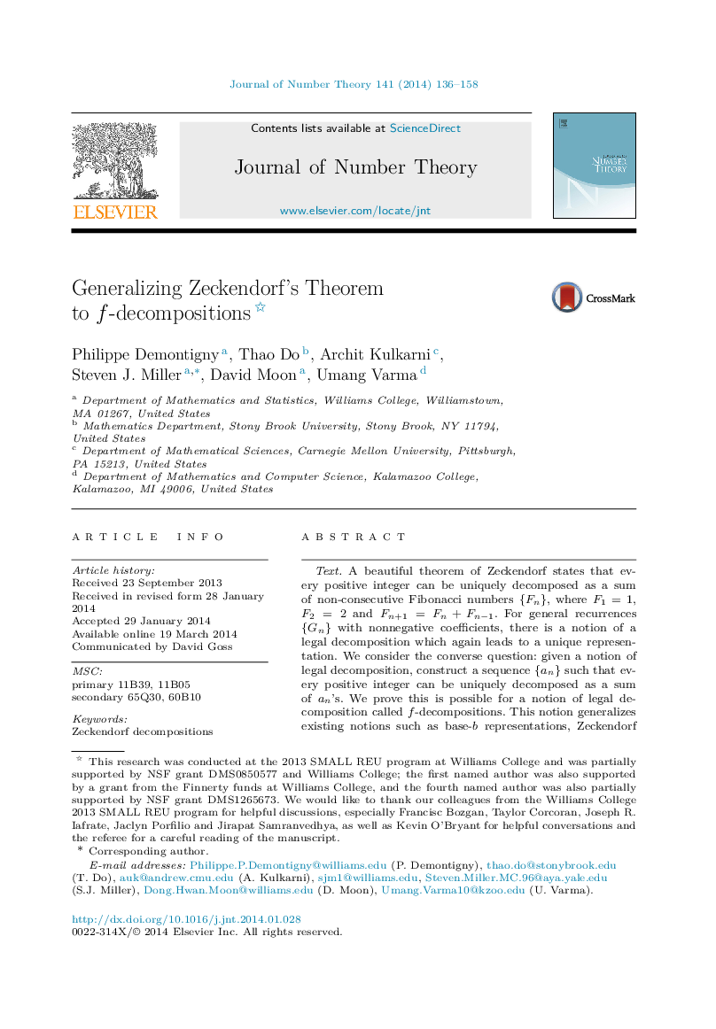 Generalizing Zeckendorf's Theorem to f-decompositions 