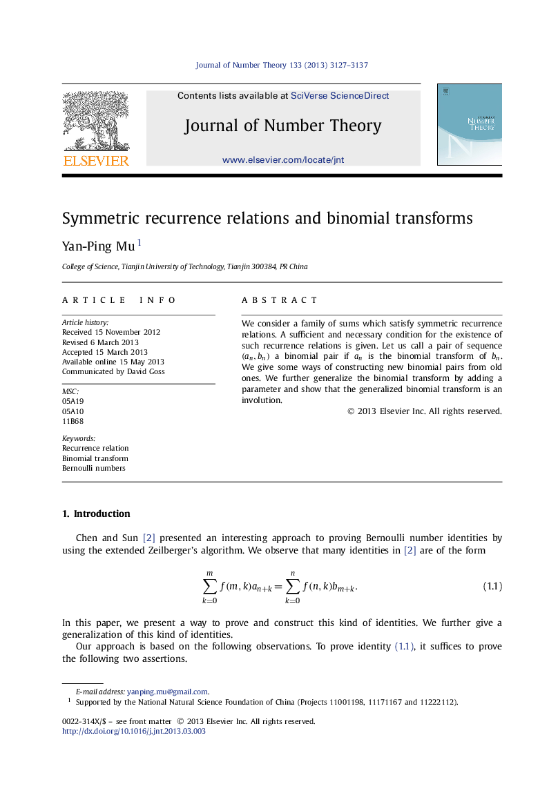 Symmetric recurrence relations and binomial transforms