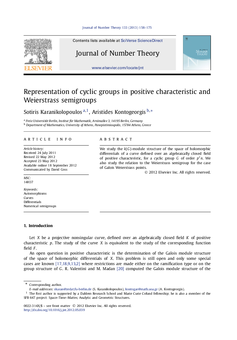 عکس صفحه اول مقاله: Representation of cyclic groups in positive characteristic and Weierstrass semigroups Representation of cyclic groups in positive characteristic and Weierstrass semigroups