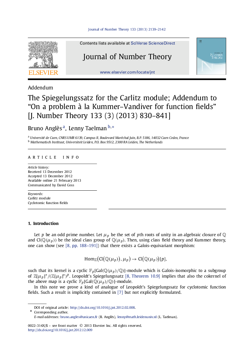 The Spiegelungssatz for the Carlitz module; Addendum to “On a problem Ã  la Kummer-Vandiver for function fields” [J. Number Theory 133 (3) (2013) 830-841]