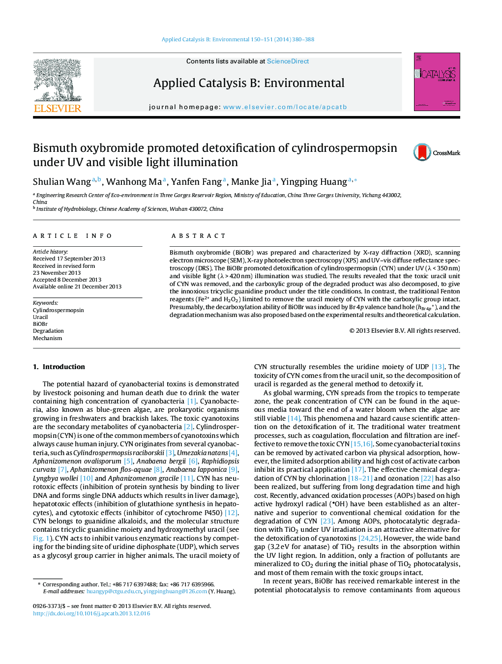 Bismuth oxybromide promoted detoxification of cylindrospermopsin under UV and visible light illumination