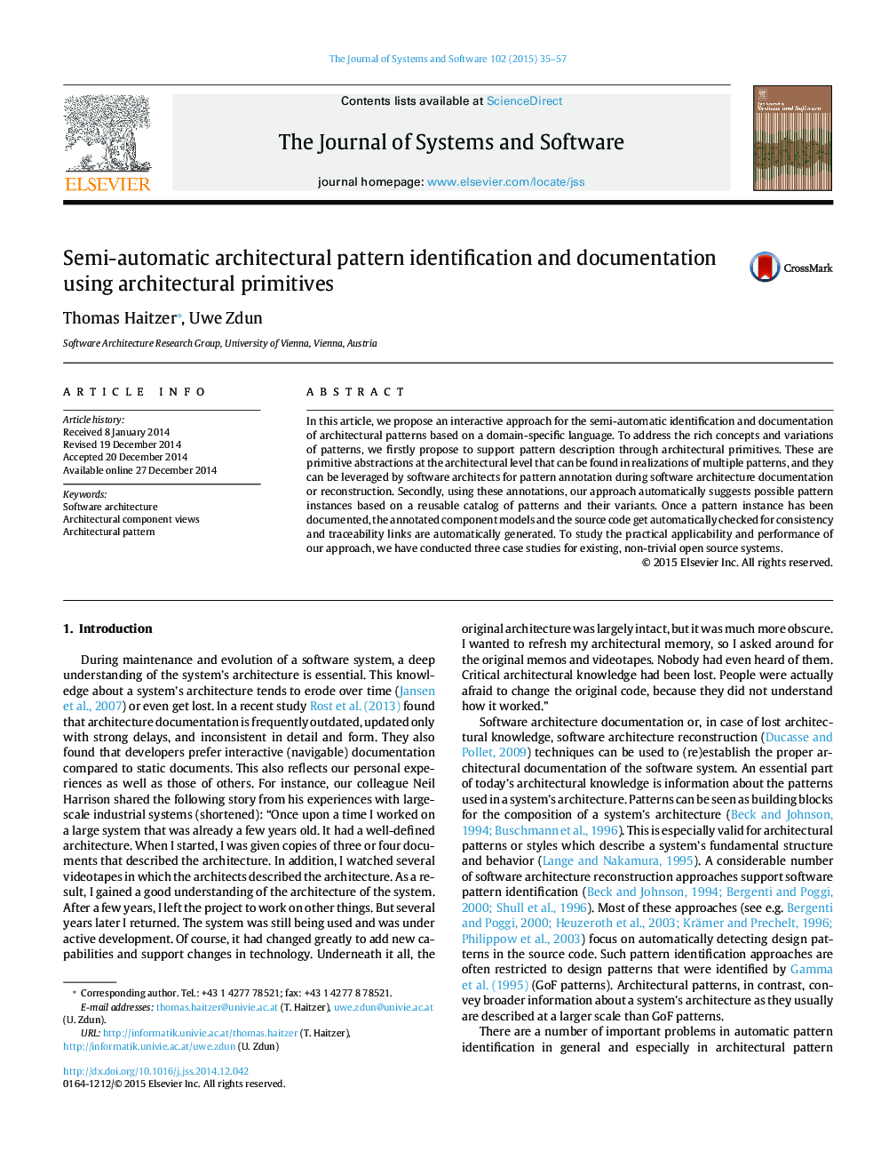 Semi-automatic architectural pattern identification and documentation using architectural primitives