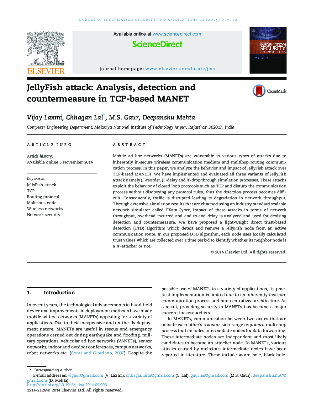 JellyFish attack: Analysis, detection and countermeasure in TCP-based MANET