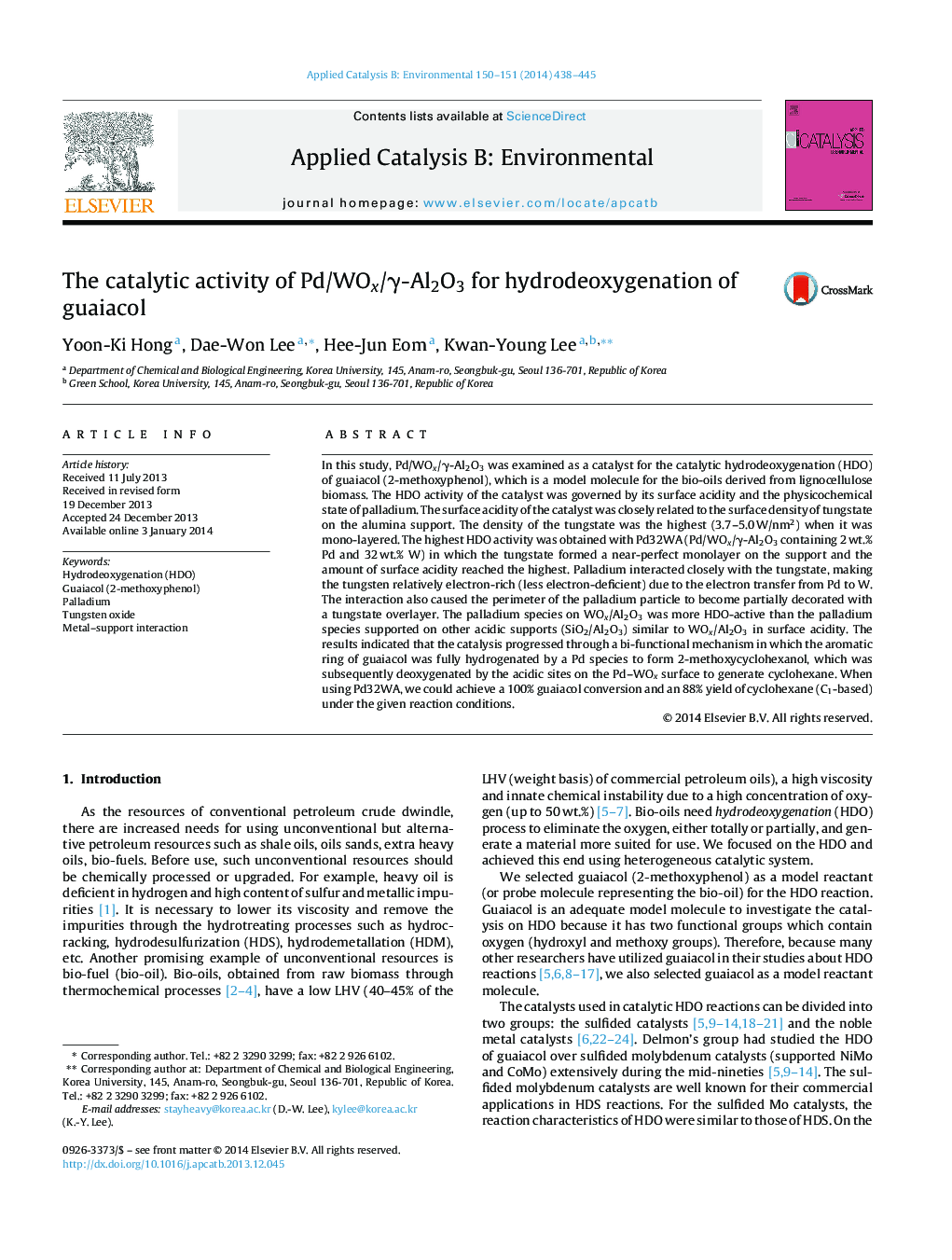 The catalytic activity of Pd/WOx/γ-Al2O3 for hydrodeoxygenation of guaiacol