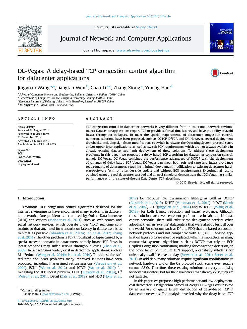 DC-Vegas: A delay-based TCP congestion control algorithm for datacenter applications