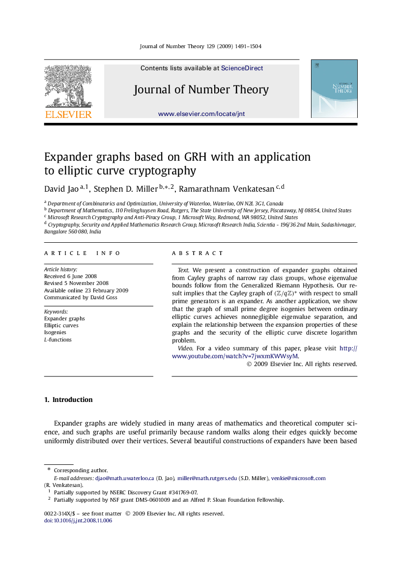 Expander graphs based on GRH with an application to elliptic curve cryptography