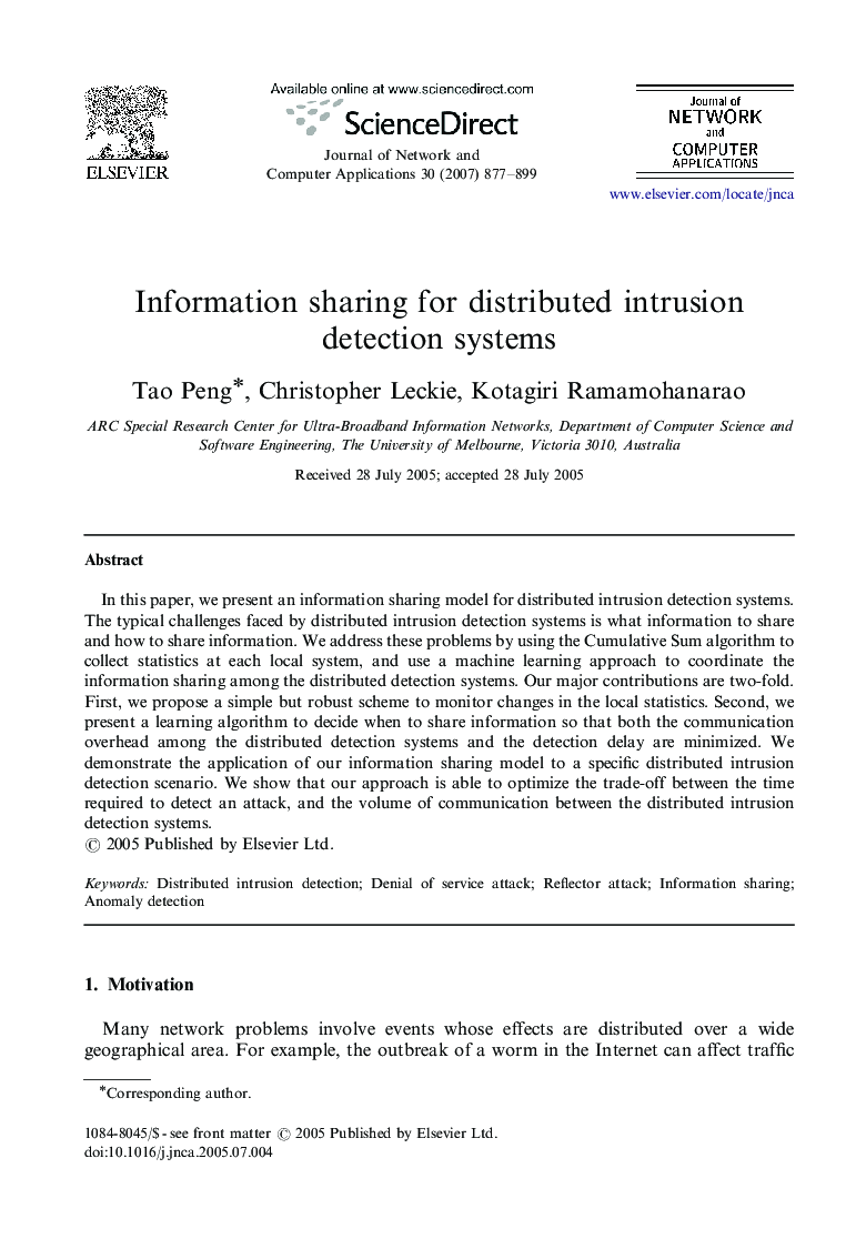 Information sharing for distributed intrusion detection systems