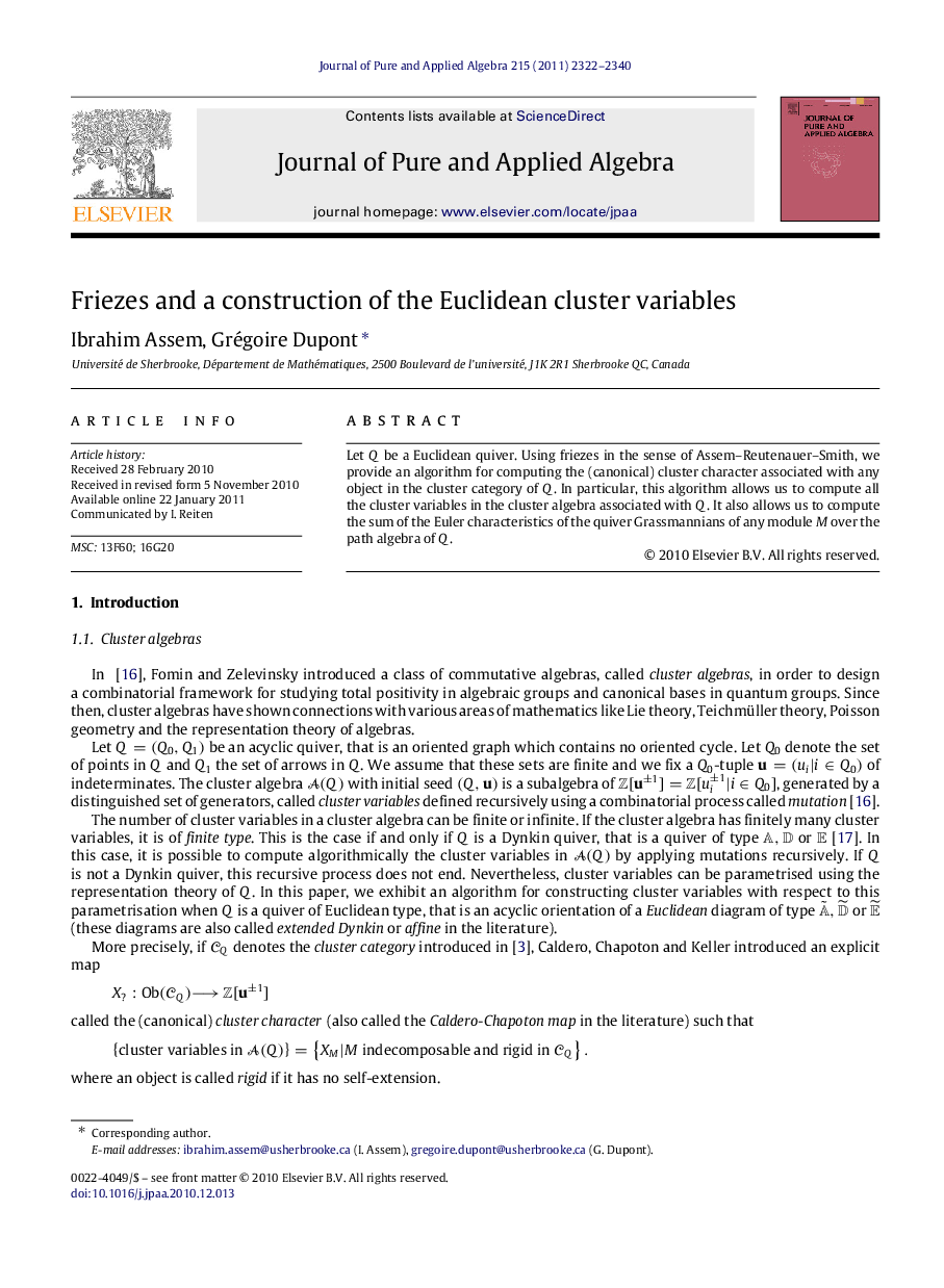 Friezes and a construction of the Euclidean cluster variables