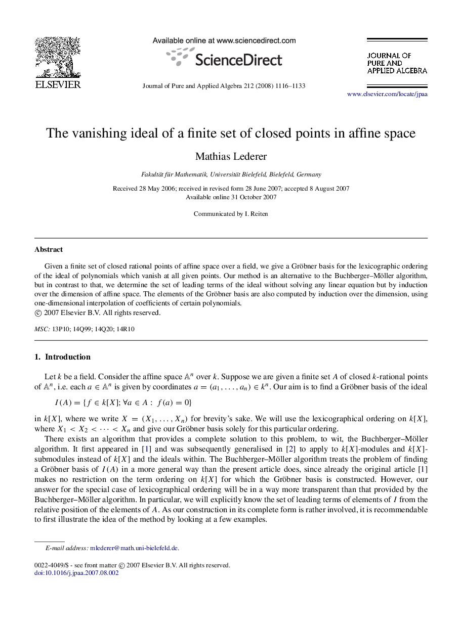 The vanishing ideal of a finite set of closed points in affine space