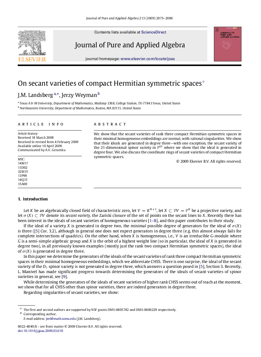 عکس صفحه اول مقاله: On secant varieties of compact Hermitian symmetric spaces On secant varieties of compact Hermitian symmetric spaces