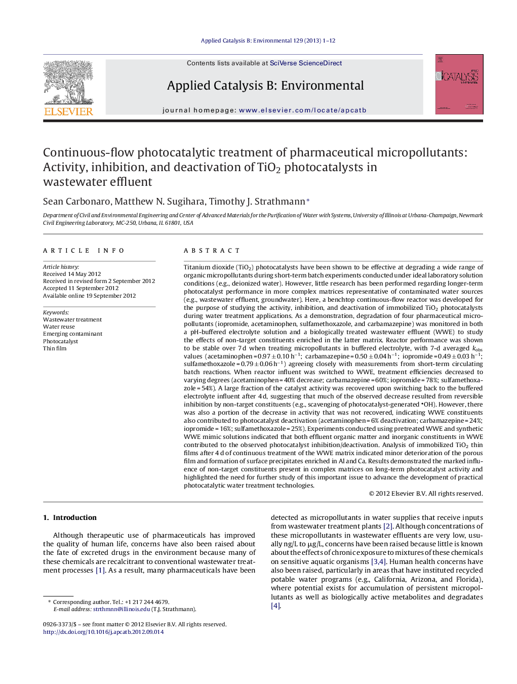 Continuous-flow photocatalytic treatment of pharmaceutical micropollutants: Activity, inhibition, and deactivation of TiO2 photocatalysts in wastewater effluent