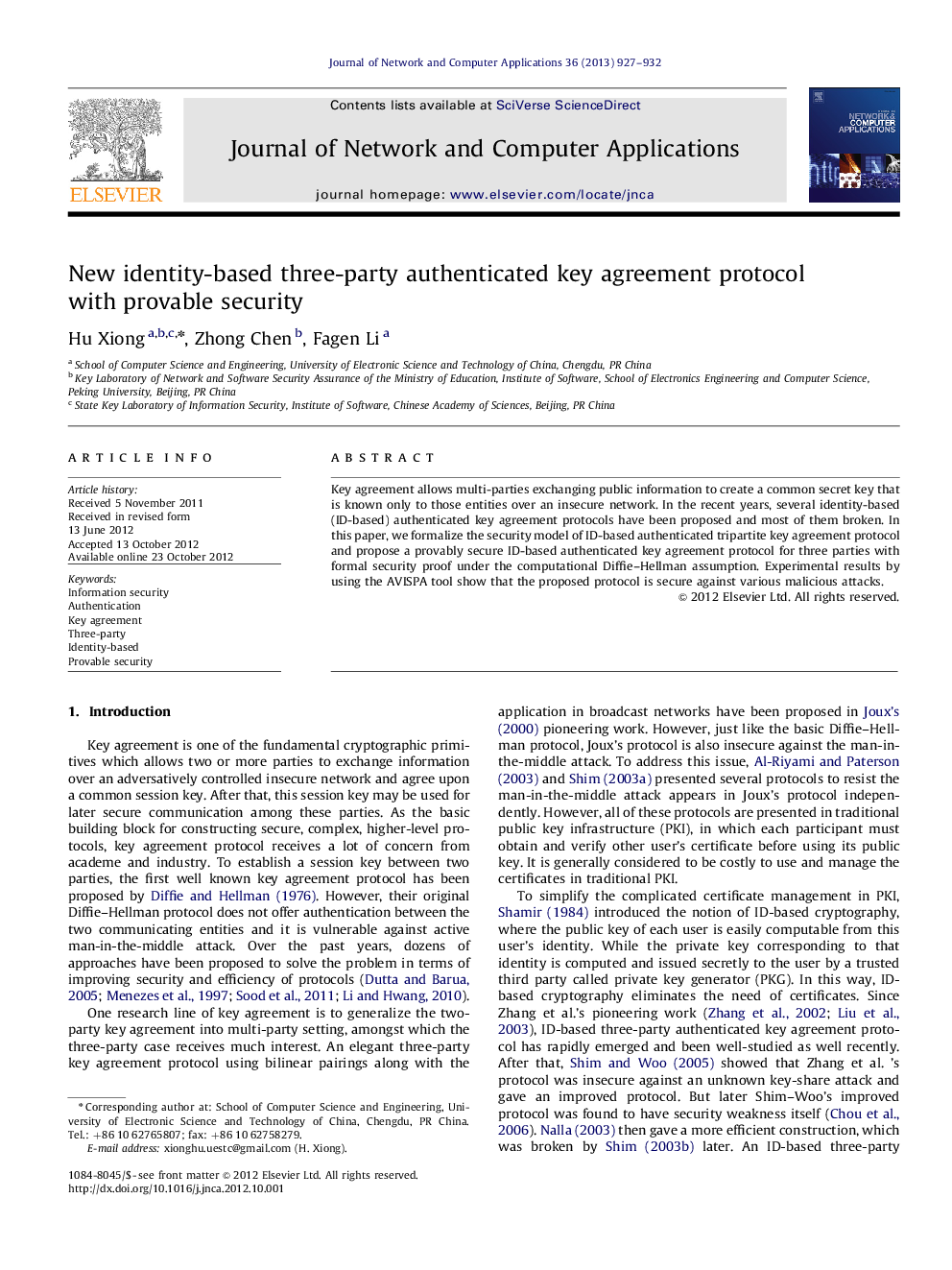 New identity-based three-party authenticated key agreement protocol with provable security