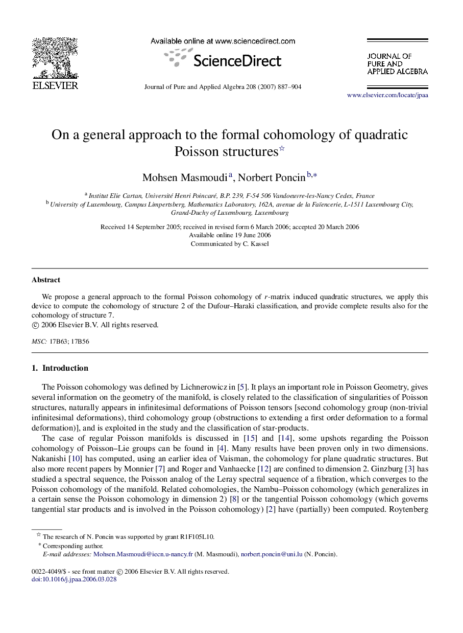 On a general approach to the formal cohomology of quadratic Poisson structures 