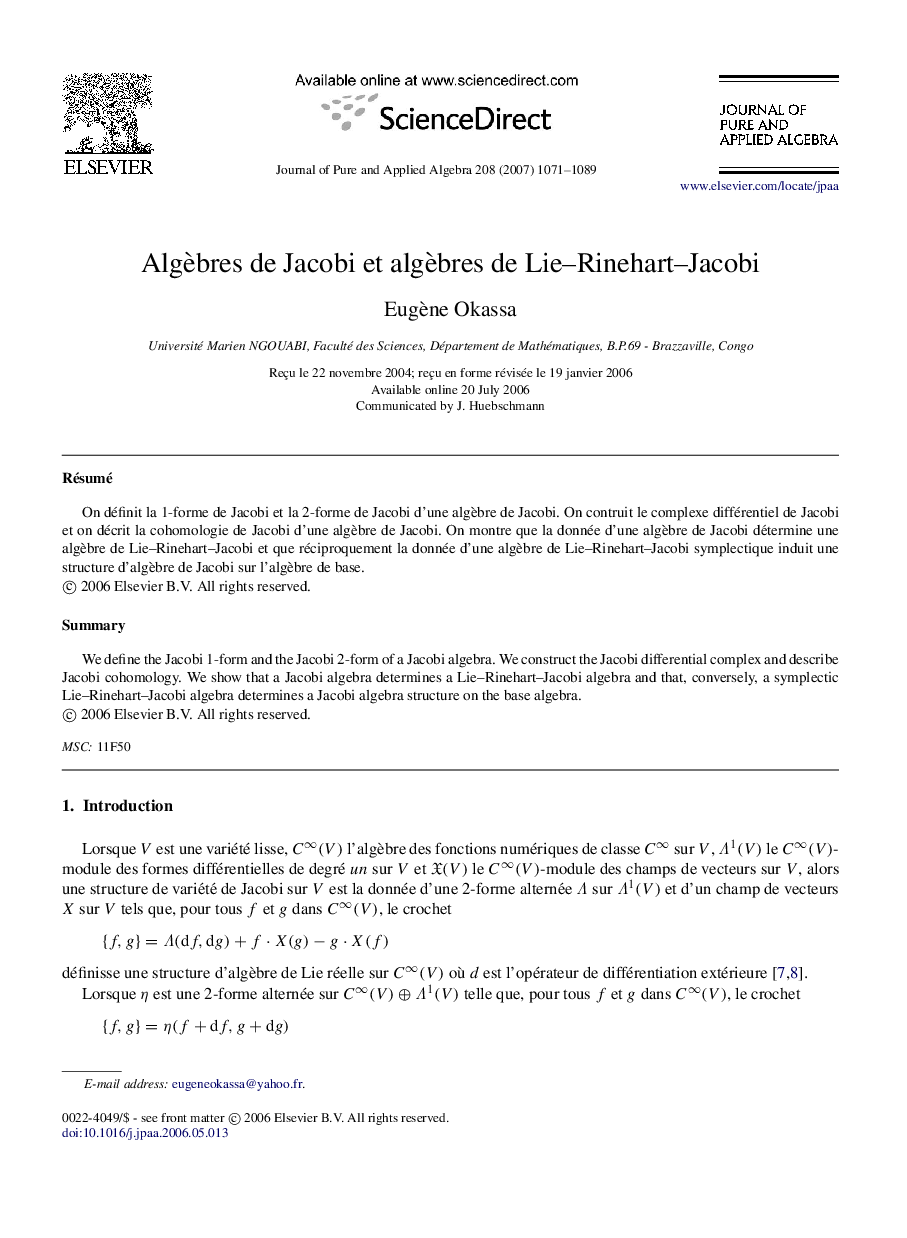 Algèbres de Jacobi et algèbres de Lie–Rinehart–Jacobi