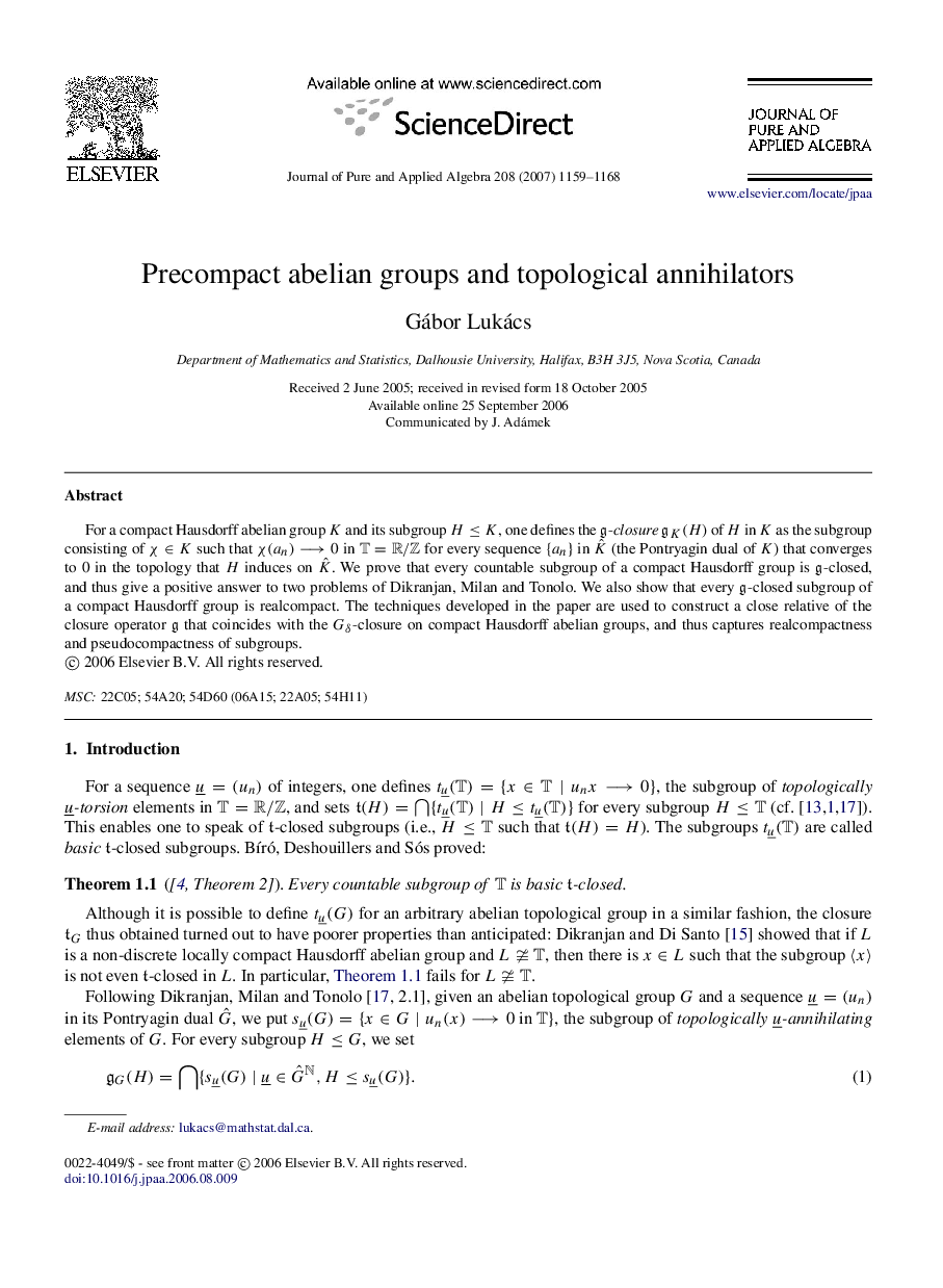 Precompact abelian groups and topological annihilators