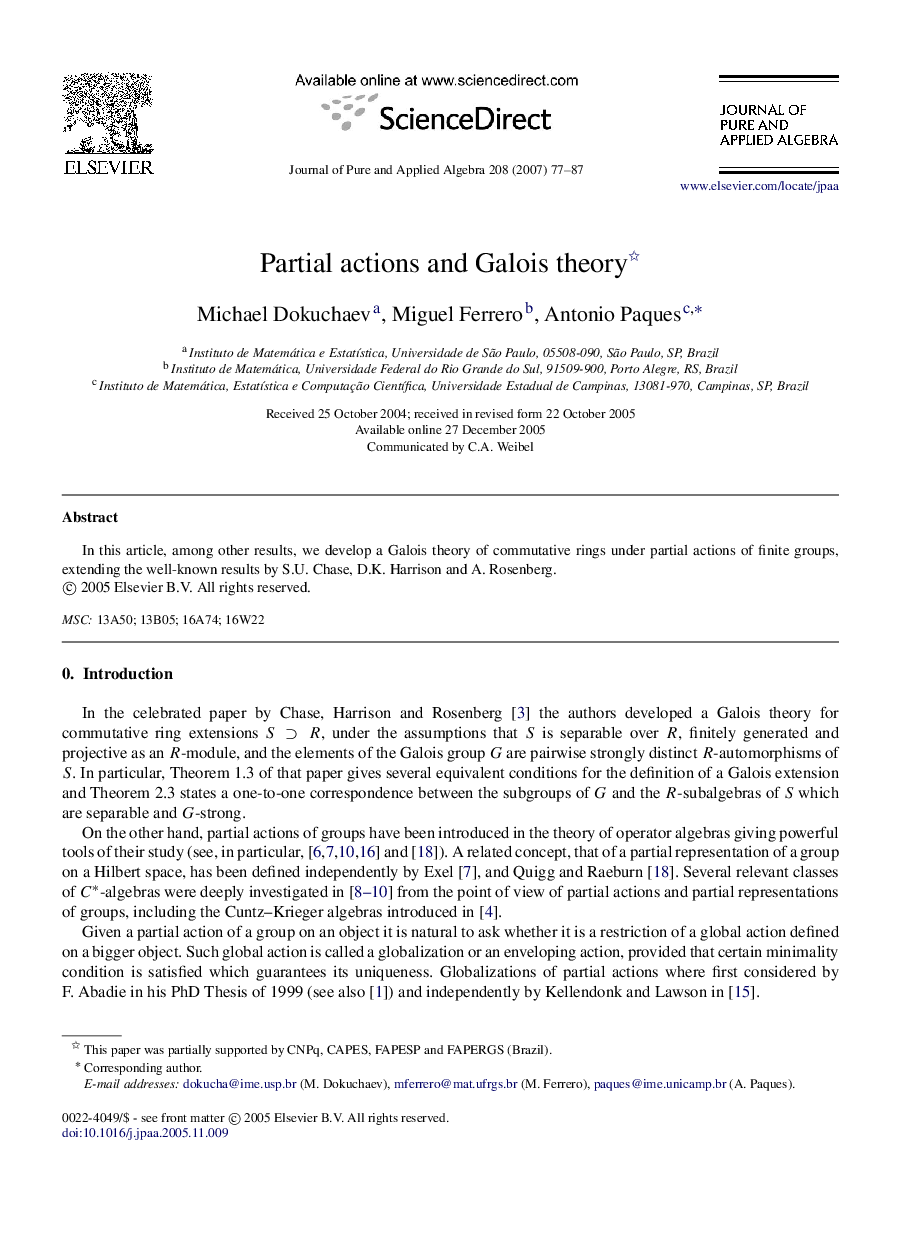 Partial actions and Galois theory 