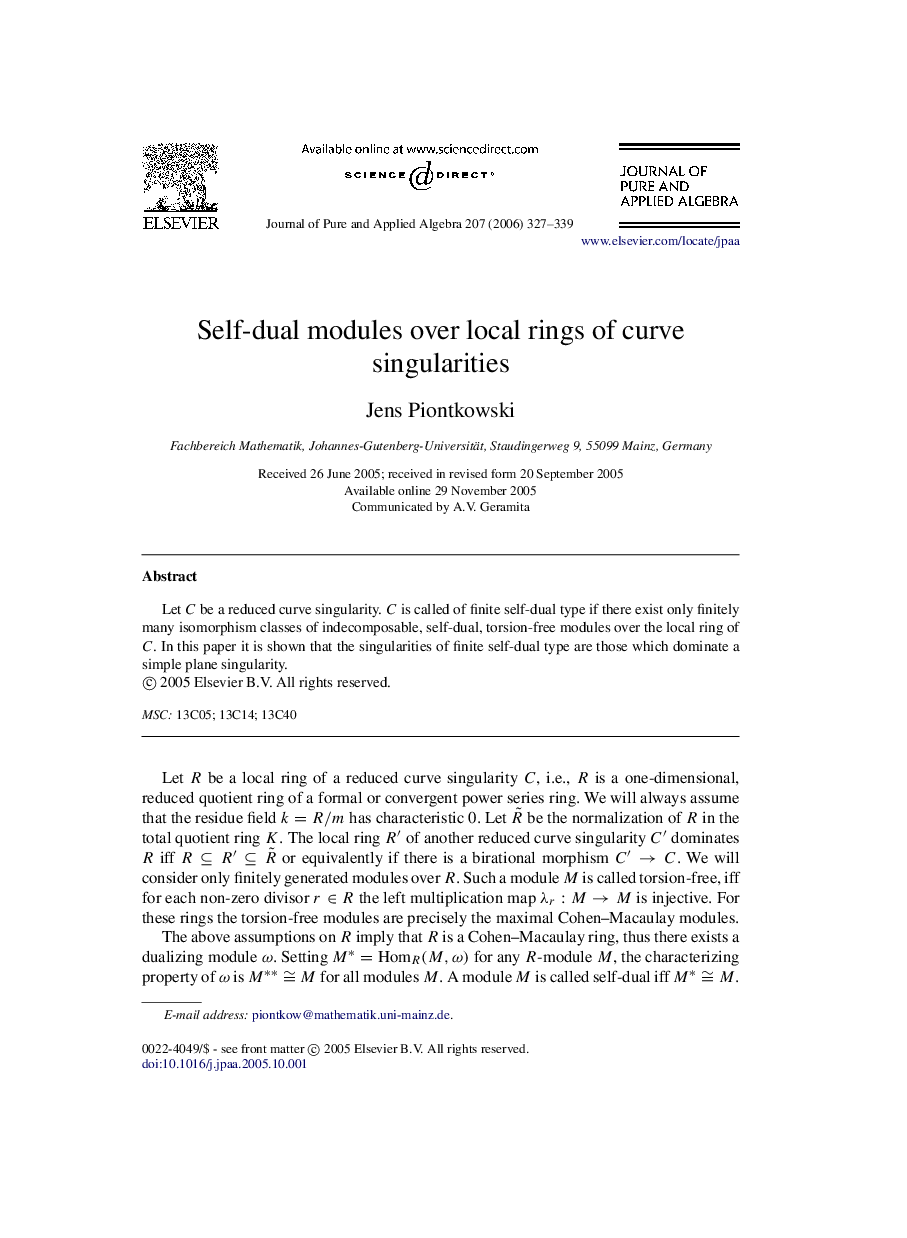 عکس صفحه اول مقاله: Self-dual modules over local rings of curve singularities Self-dual modules over local rings of curve singularities